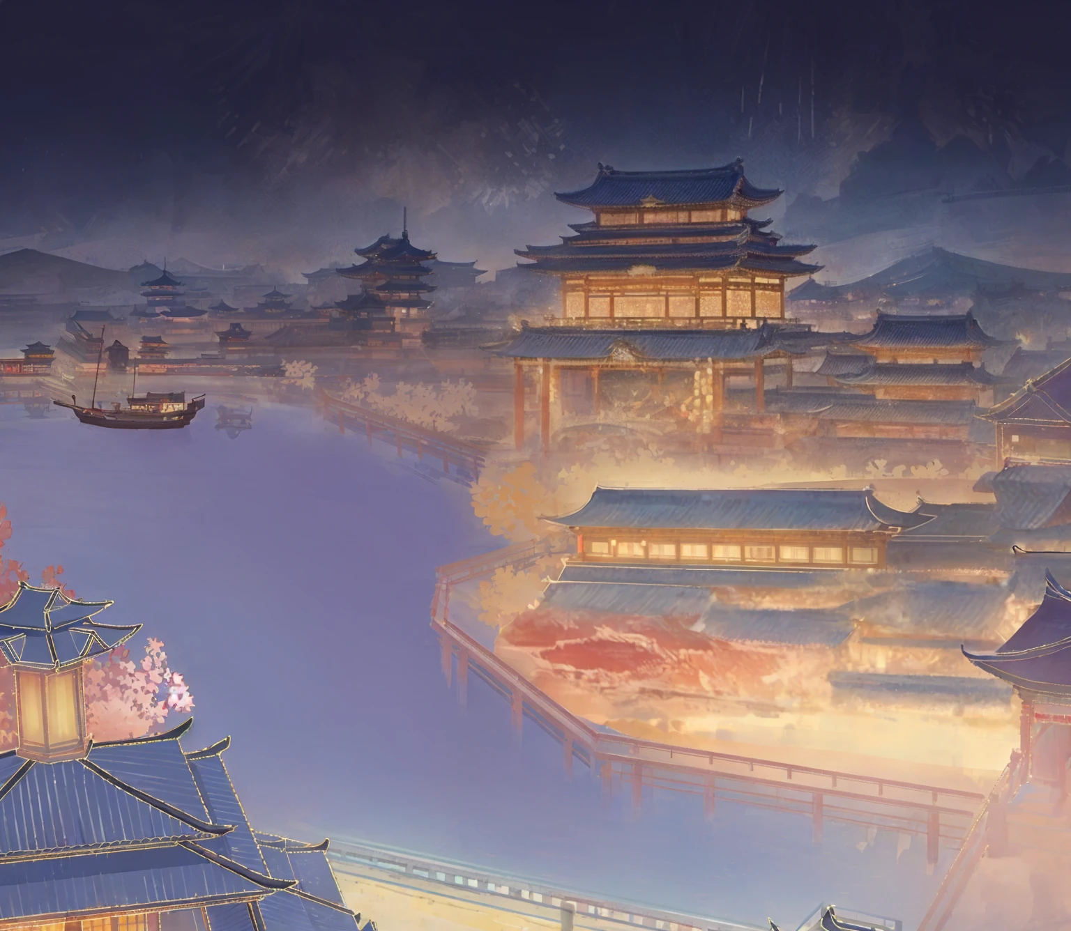 A city，A river and a boat, 受吉田半兵卫启发的Concept Art, Pixiv competition winner, Concept Art, Dreamy Chinatown, Beautiful rendering of the Tang Dynasty, 传统日本Concept Art, background technologywork, Onmyoji detailed art, background technology, Ross Chen. Landscape background, 动漫风景Concept Art, Concept Art令人惊叹的氛围