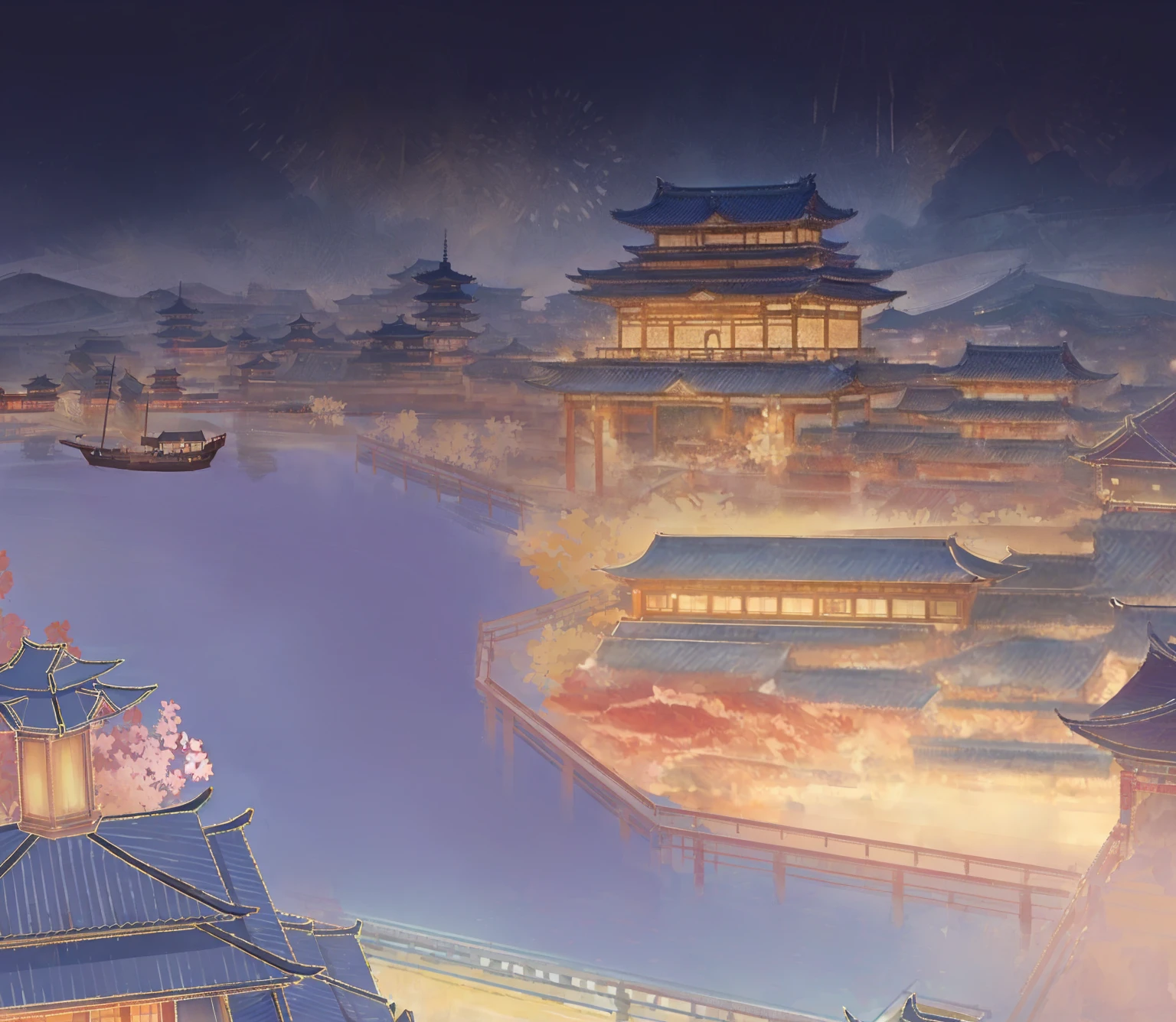 A city，A river and a boat, 受吉田半兵卫启发的Concept Art, Pixiv competition winner, Concept Art, Dreamy Chinatown, Beautiful rendering of the Tang Dynasty, 传统日本Concept Art, background technologywork, Onmyoji detailed art, background technology, Ross Chen. Landscape background, 动漫风景Concept Art, Concept Art令人惊叹的氛围