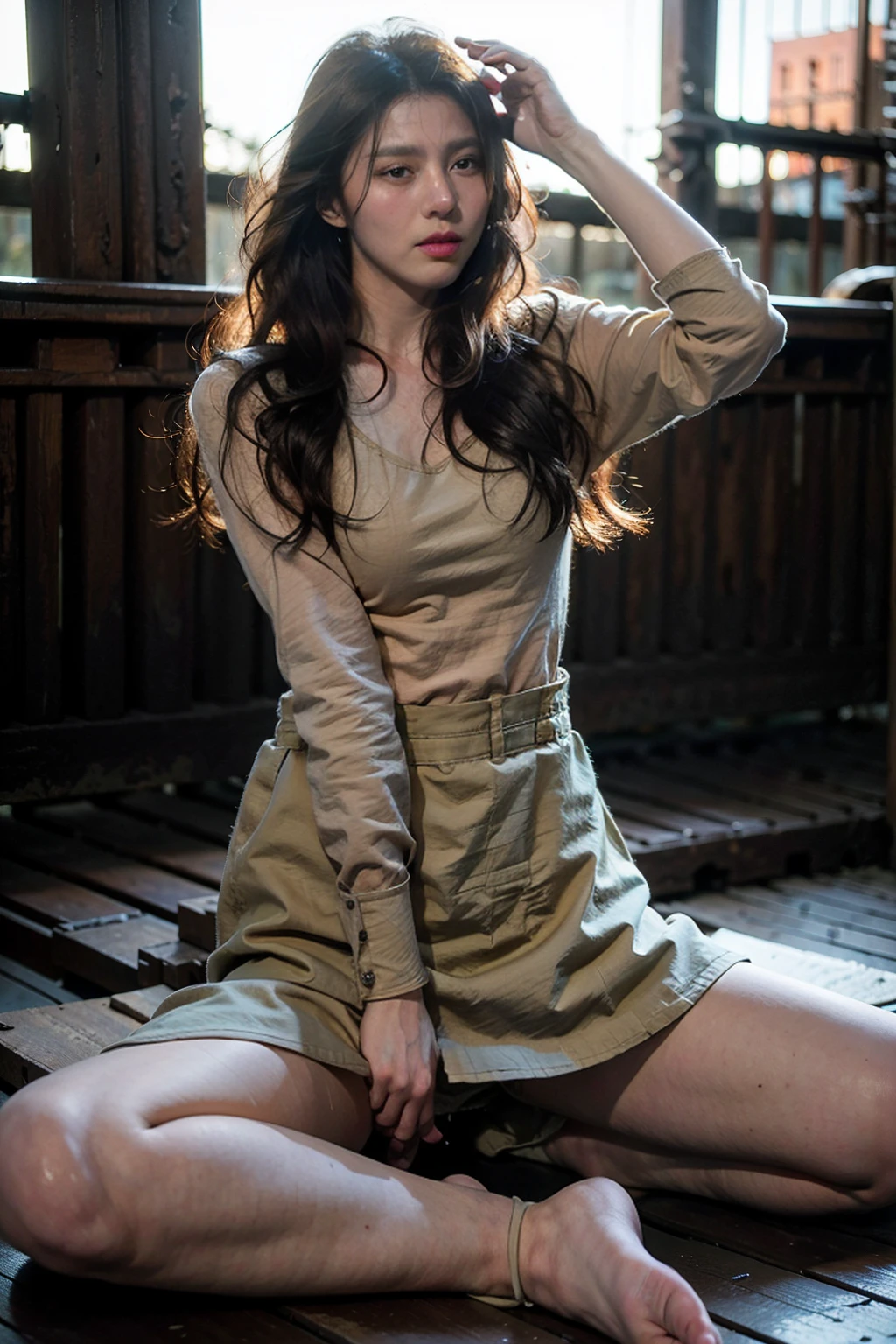 (8K, Raw photography, Superior Quality, masterpiece:1.2), (realisitic, Real Photographics:1.4, ultra-detailliert), Realistic face, face perfect, Realistic skin, Beautiful delicate face, Realistic eyes, perfect eyes, Glowing eyes, lipgloss, Detailed lips, Perfect eyelashes, European Girl, sixteen years old, (Light brown and gold two-color hair, short-hair:1.2, Short with long locks), Long shot of one girl, The wind is beautiful, professional photograpy, deepshadow, NSFW, Makes you want to sneeze, RAW candid cinema, 16mm, color graded portra 400 film, remarkable color, A hyper-realistic, Textured skin, remarkable detailed pupils, realistic dull skin noise, visible skin detail, skin fuzz, dry skin, shot with cinematic camera, perfect viewpoint, Highly detailed, wide-angle lens, Hyper realistic, with dramatic sky, polarizing filter, Natural lighting, Vivid colors, everything in sharp focus, nffsw, nffsw, k uhd, glow effect, godrays, handdraw, render, 8K, Octane Render, cinema4d, blender, Dark, Super detailed in atmospheric 4K, Cinematic, Sharp Focus, great depth of field, masutepiece, Colors, 3d octane render, 4K, Concept art, Trending on ArtStation, hyper realisitic, Vivid colors, Highly detailed CG Unity 8k wallpaper, Trending on CGSociety, Convoluted, high detailing, Dramatic, Fantastic, Magnificent, eroticism, charming figure, Perfect udder, Beautiful nipple, absurderes, whisper love, Full of nature, flatter, a moon, natta, a choker, Wet with sweat all over the body、frown and close your eyes、languidly open mouth、Expression of pleasure、Trance、Blushing cheeks, public indecency, Undress, The shirt, open-shirt, Small breasts, chains, Girl in the air, Mix, Chained, (suspension), Raise both hands, Spread legs, (hands and feet are tied), appearance々Angle