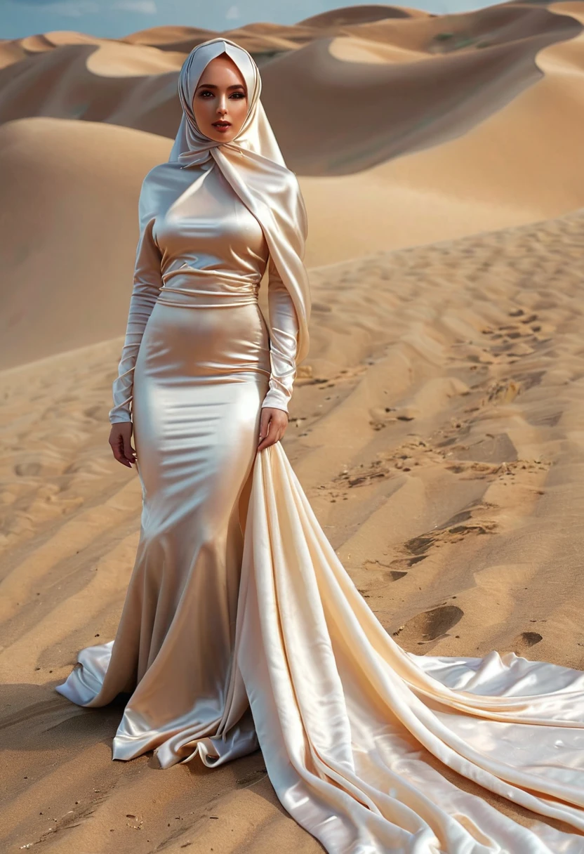 a sexy a woman covered in large satin cloth, mummified in satin,  very long under gown, tight in leg, a mermaid style gown, wearing a satin hijab, the satin gown is very long, forming the curve of the body,strugle to move,full body, masterpice, 4k resolution, ultra-realistic, highly detail, great lightning.