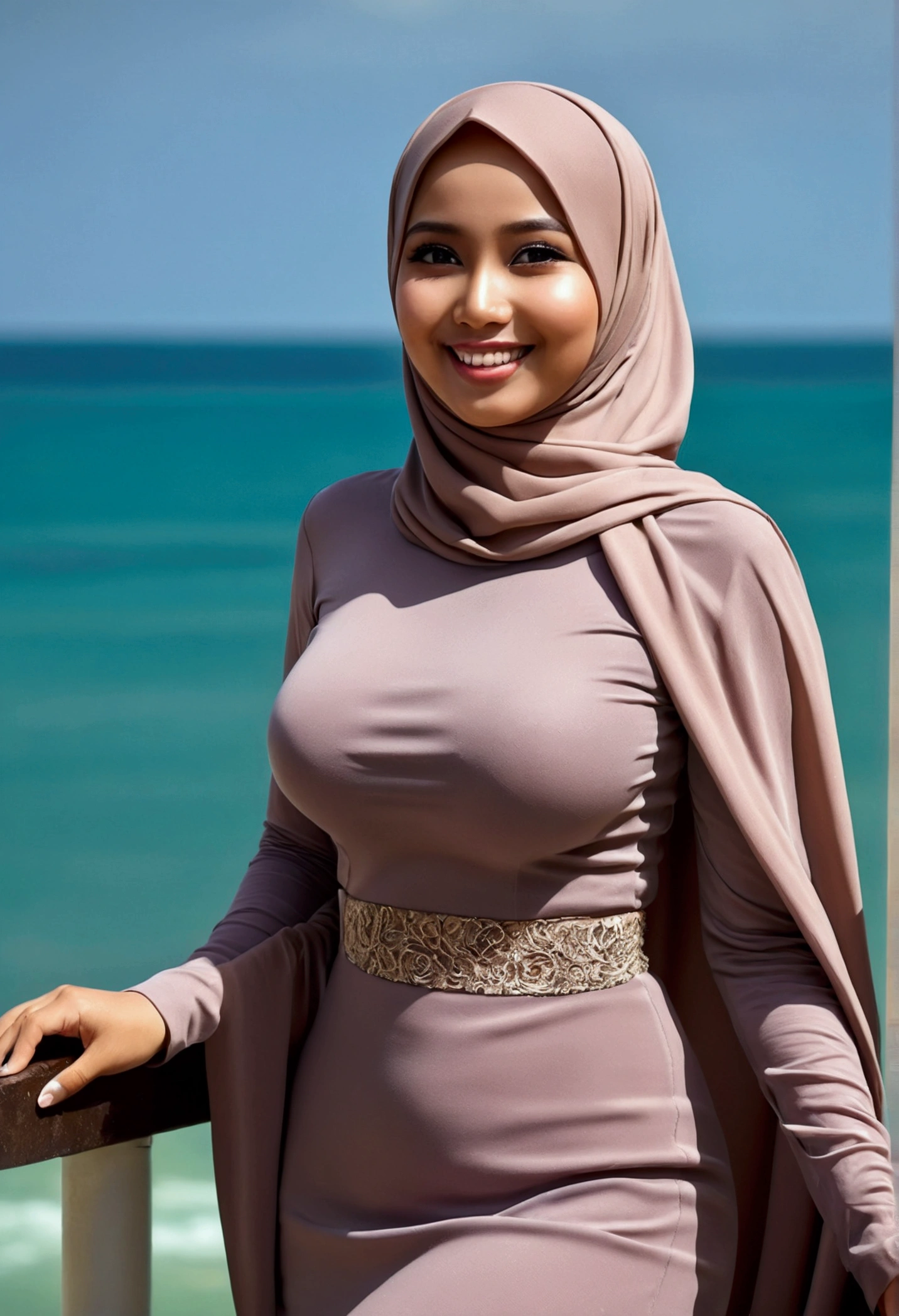 Best quality, high resolution, Masterpiece: 1.3), Beautiful Malay woman in hijab, Masterpiece, hourglass figure body, ((Big breasts)), Beautiful big eyes, watery eyes, tempting smile, wet lips, ((wearing fitted long dress)), (long legging), smiling, windy, skin details, skin texturboobs