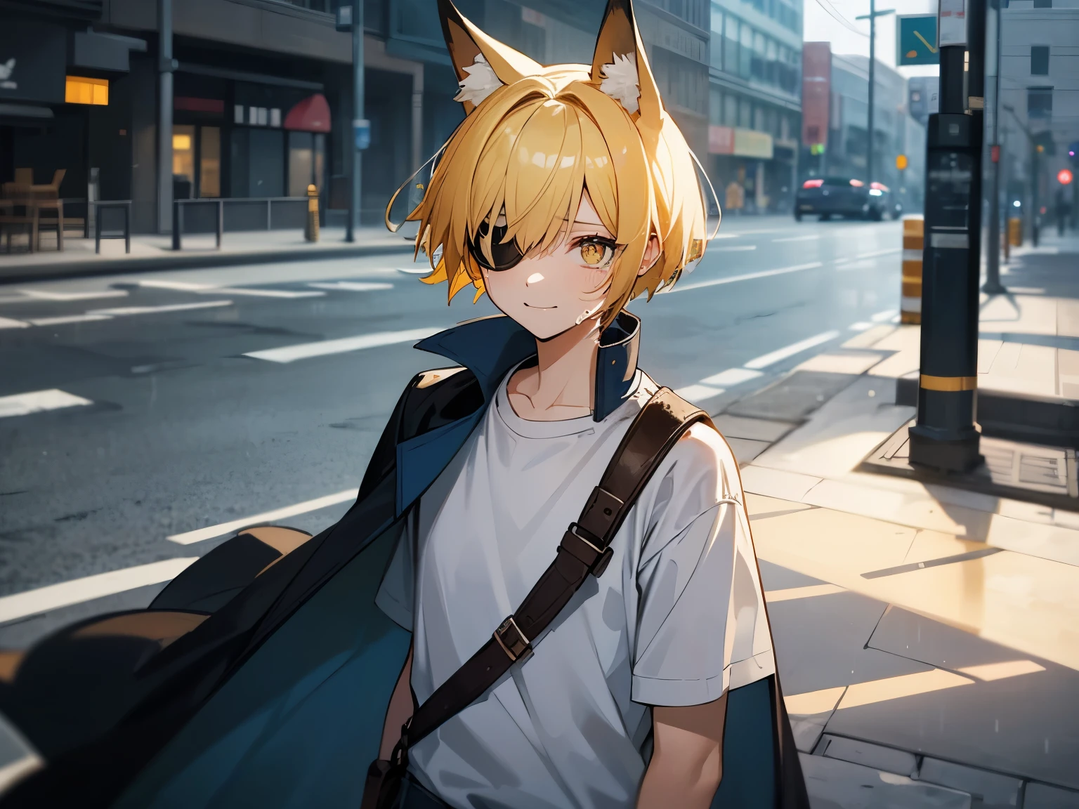 boy, gradient_eyes, one yellow eyes, upturned eyes, eyepatch, slit pupils, short hair, yellow hair, side swept bangs,a blue meshes, wearing a dark coat, a white tee shirt, a blue jean, fox ears, fox tail, sad, sad smile, tears are rolling on is cheeks, crying on the street ,it's raining, weet clothes and hair, high details, high quality, best quality, highres, 