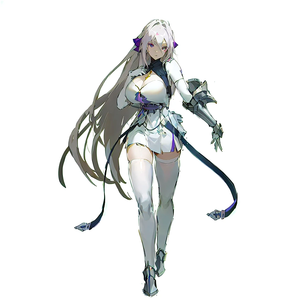 anime girl with long white hair and armor in her left arm, official character art, cushart krenz key art feminine, ( ( character concept art ) ), purple hairties, purple laces, female anime character, (light purple eyes), ((big breasts)), short white dress, armor in belly, belts, white long socks, fantasy anime character, (((pale skin))), characters from azur lane