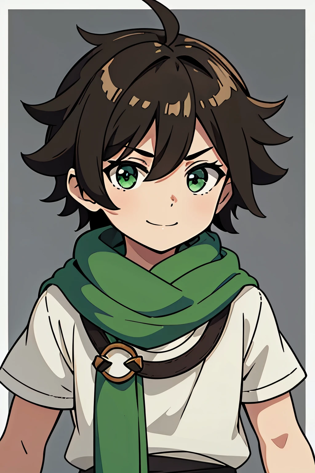 (high-quality, breathtaking),(expressive eyes, perfect face) 1boy, male, solo, toddler age, short height, chibi style art, age 5, dark brown color hair, green eye color, spiked fluffy hair, wavy hair, short hair length, cute smile, cute face, childlike face, white tunic, green trim, green scarf, Symmetrical Eyes, portrait, positive expression, grey background, greek clothes, Hades Style clothing
