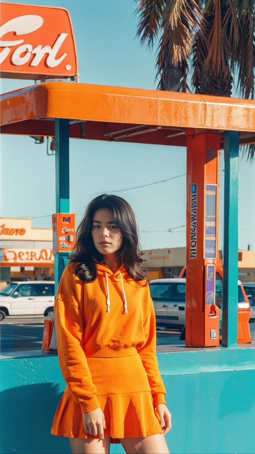 (medium shot portrait) of cute 23 yo girl ,wear ((orange color oversized_hoodie)), wear ((purple tennis skirt)),looking front,Best Quality,Masterpiece,Ultra High Resolution,(Realisticity:1.4),Original Photo, 1Girl, light leak,ultra high resolution,UHD,beautiful, (black straight hair), almond eye, no makeup, in front of ((80's los angels colorful gas station)), (realistic:1.2), (surreal:1.3), (very detailed:1.1), ((masterpiece)),summer, blue sky, palm trees,sunny, los angles vibes,film camera, 800mm lens,