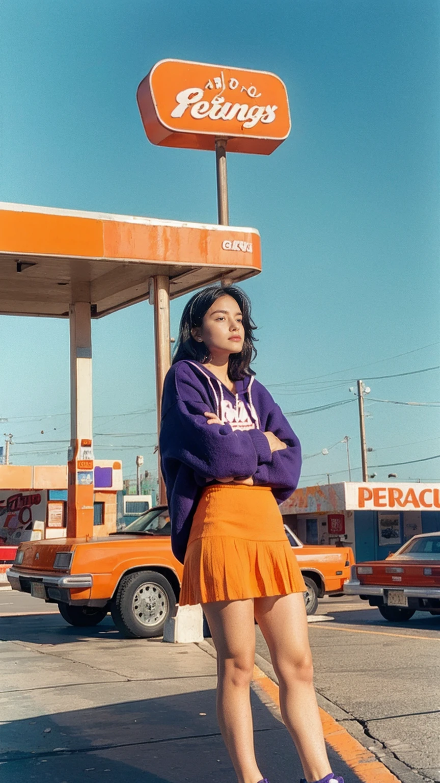 (medium shot portrait) of cute 23 yo girl ,wear ((orange color oversized_hoodie)), wear ((purple tennis skirt)),looking front,Best Quality,Masterpiece,Ultra High Resolution,(Realisticity:1.4),Original Photo, 1Girl, light leak,ultra high resolution,UHD,beautiful, (black straight hair), almond eye, no makeup, in front of ((80's los angels colorful gas station)), (realistic:1.2), (surreal:1.3), (very detailed:1.1), ((masterpiece)),summer, blue sky, palm trees,sunny, los angles vibes,film camera, 800mm lens,