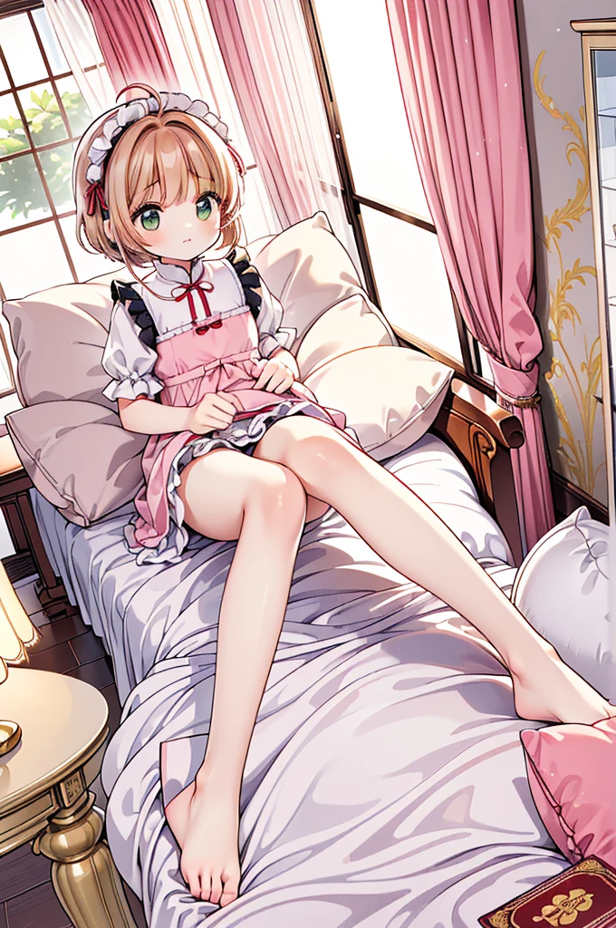 (masterpiece,best quality,best quality, masterpiece),Mine, , , (适合任何Pillow背景的光影)), 穿着公主裙的可爱女孩在Pillow上摆姿势 ,,,(很多Pillow),Soft cushion,,,,很多Pillow,,,(Pillow),(A tail),,(充满细节的Pillow),(Around the protagonist),steam,,(Pillow),(palace),(palace殿卧室),(Pillow),柔软的Pillow,,(Classical European style bedroom ),(excited,shy person,Lack of expressiveness,),,, ((Maximum resolution)), artwork, ,,,(Interior of the palace),,(Deluxe Rococo Canopy King Bed),Luxurious curtains with ornate ruffles and ribbons hang around the large bed.,((((床上堆满了许多Pillow)))),Quilt details,Detailed bed linen,Ruffled Bed Skirt,Deep Bed,Background with depth,((详细的Pillow)), ((((大量的Pillow)))),,,详细的软Pillow,,((女孩正躺在许多柔软的Pillow上,周围有许多Pillow)),。Many small feathers fluttering、 Long nightgown with ruffles and ribbons、In a huge, Large canopy bed、Soft pink sheets and quilt、色彩鲜艳的柔软Pillow、很多带褶边的Pillow和带褶边的床裙、Soft toned bed、Ruffled curtains around the bed.。Delicate face。Background with depth,Sakura Kinomoto,(Sakura Kinomoto, 1 Girl, Brown hair, short hair, Antenna hair, , Green Eyes),pillow hump,hump