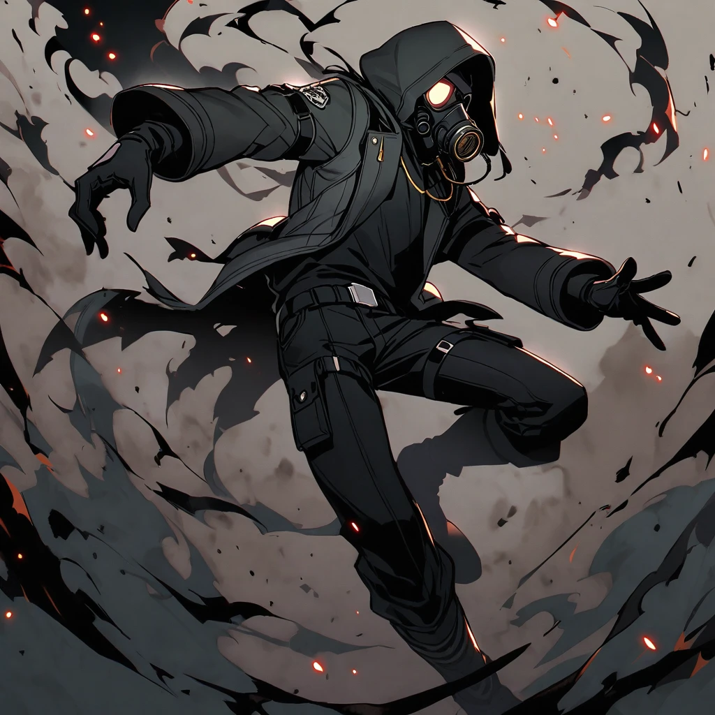 (well done:1) man, completely dark skin, black gas mask, gray jacket with a hood, black long-sleeved shirt, black gloves, black pants, black boots.