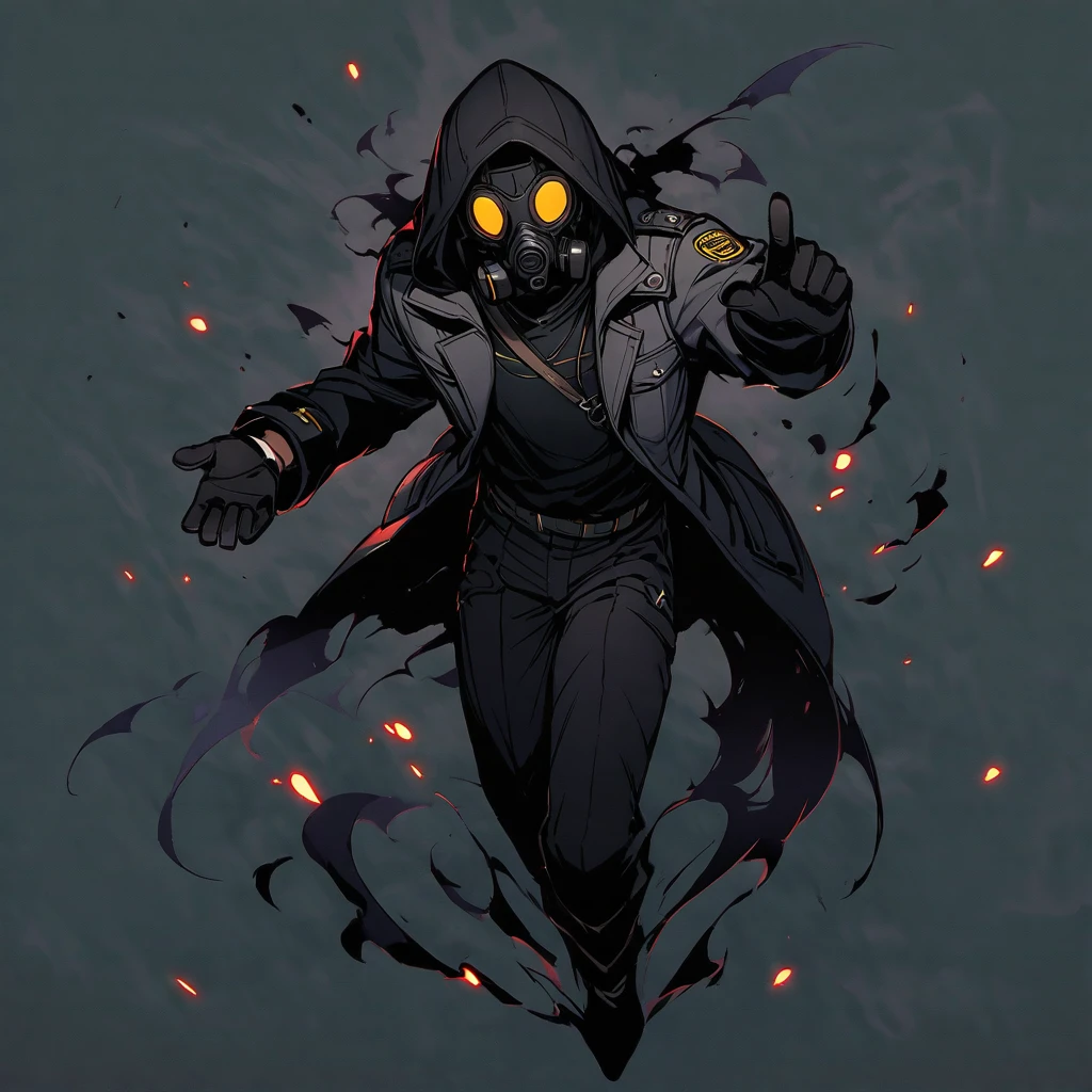 (well done:1) man, completely dark skin, black gas mask, gray jacket with a hood, black long-sleeved shirt, black gloves, black pants, black boots.