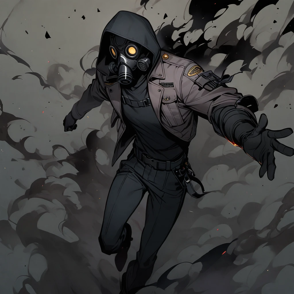 (well done:1) man, completely dark skin, black gas mask, gray jacket with a hood, black long-sleeved shirt, black gloves, black pants, black boots.