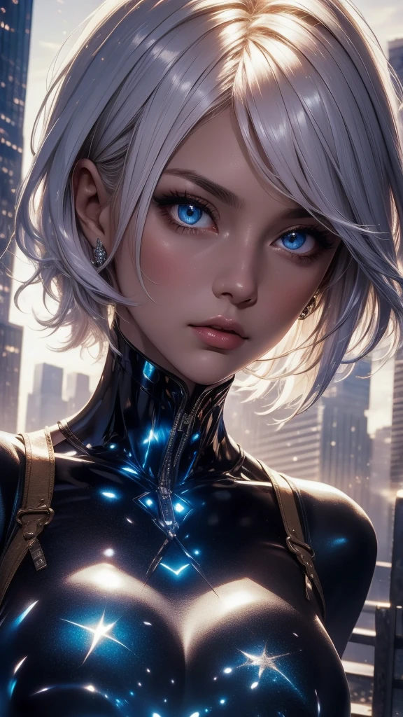 Close-up waist-up portrait of Cinderella reimagined in a cyberpunk setting, (silver hair), (short hair), (blue eyes), modern dress infused with holographic elements. She exhibits a seductive and charming demeanor, with eyes that hold a mesmerizing look. Her backdrop features a cityscape with skyscrapers, reflecting her new-age fairy tale story. The scene captures her as a temptress with an alluring gaze and attracting looks, masterpiece: 2, best quality, ultra high-res, original, extremely detailed, perfect lighting