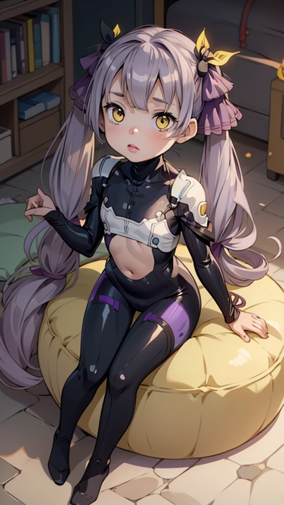 One girl,(((Young face))),((Short))、(((Round face)))、(((Yellow Eyes)))、(((Light purple hair)))、((Twin tails long enough to reach the ground))、(((long hair)))、(Black Ribbon),Pink lips,Cute Face, Sitting,Wearing a full body suit,Black bodysuit,Shiny bodysuit ,Underbust, shirt, ((flat chest, Flat Stomach, Baby Face)), (Vibrant colors),Ogasawara Hisame