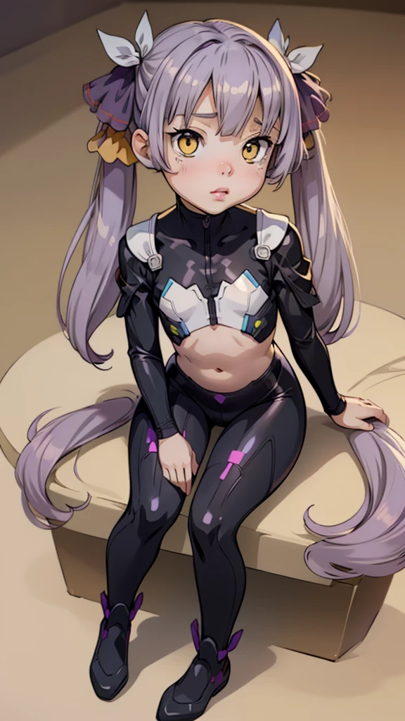 One girl,(((Young face))),((Short))、(((Round face)))、(((Yellow Eyes)))、(((Light purple hair)))、((Twin tails long enough to reach the ground))、(((long hair)))、(Black Ribbon),Pink lips,Cute Face, Sitting,Wearing a full body suit,Black bodysuit,Shiny bodysuit ,Underbust, shirt, ((flat chest, Flat Stomach, Baby Face)), (Vibrant colors),Ogasawara Hisame