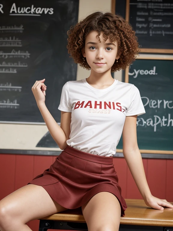 17 year old girl, short hair, extremely curly, Red color, Skinny body, , with green school suit, short skirt, shows her legs, is standing, In classroom, the blackboard is behind her, two hands, slavic face, freckles on his face, very beautiful