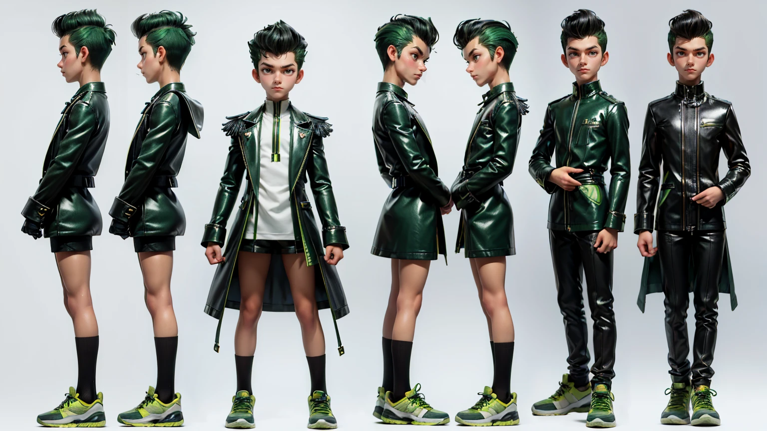 cute face boy, cute face, short height boy, wearing casual futuristic green color pent, green dress, full standing pose, Pompadour hairs, Pompadour  style hair, sports shoes, Character Sheet, , Full body, Simple white background, front pose character reference sheet, Concept art, design sheet