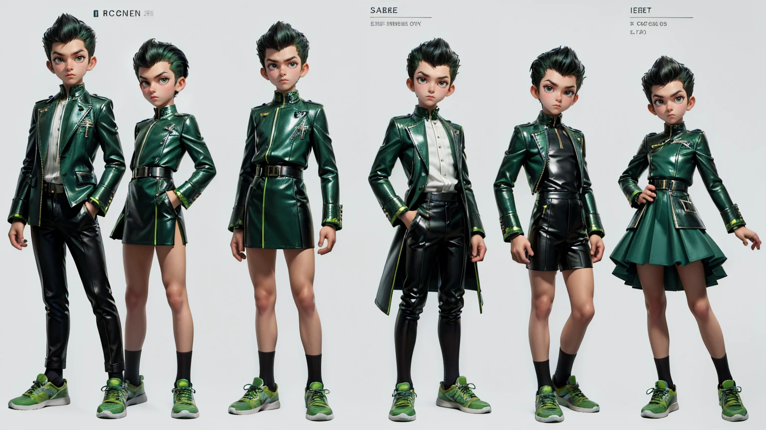 cute face boy, cute face, short height boy, wearing casual futuristic green color pent, green dress, full standing pose, Pompadour hairs, Pompadour  style hair, sports shoes, Character Sheet, 12 yo student, Full body, Simple white background, front pose character reference sheet, Concept art, design sheet