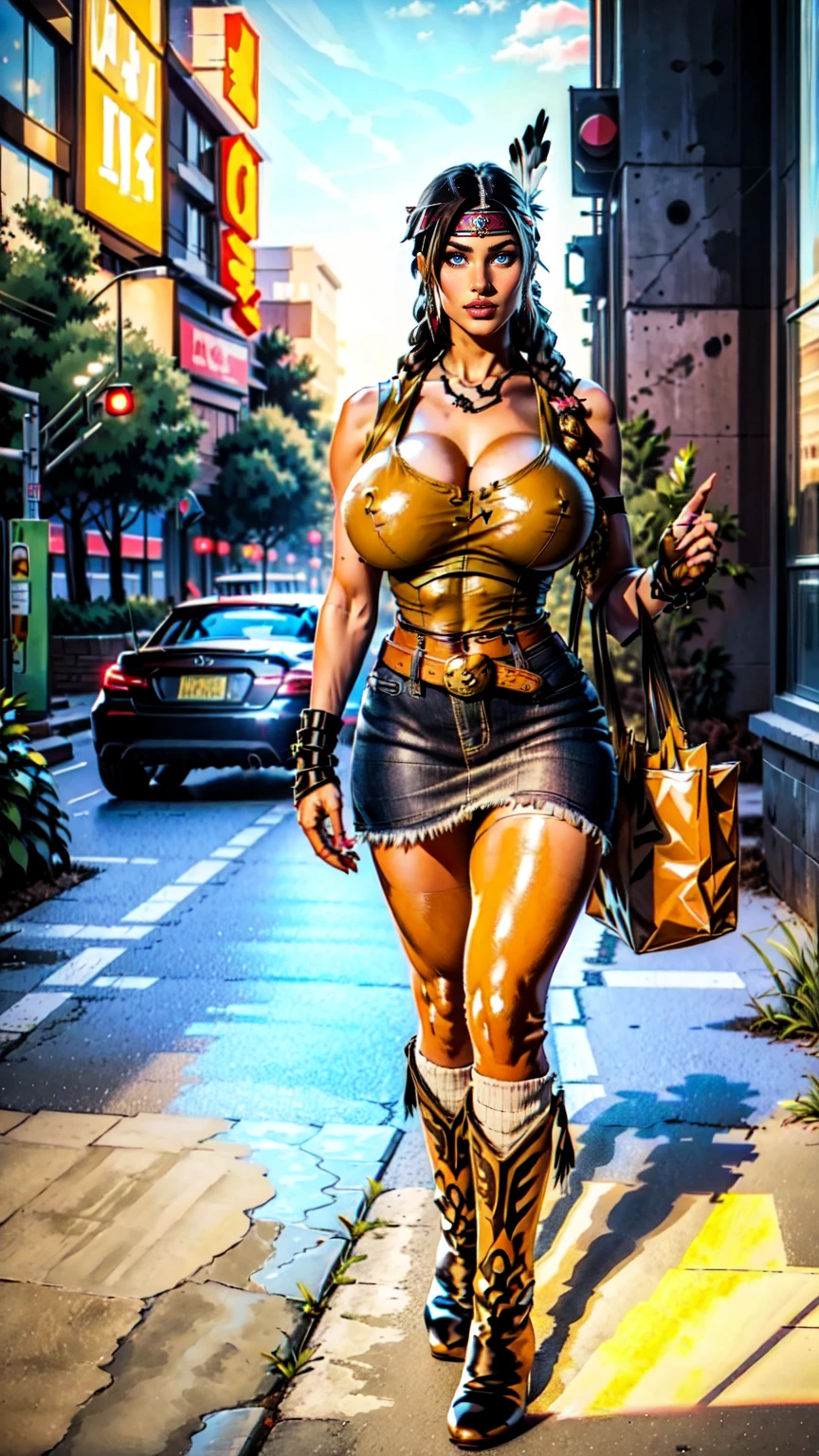 (ultra realistic,32k, masterpiece:1.2),(high detailed skin:1.1),( high quality:1.1), (gloom (expression):1.1),juliaclassic, black hair, 1girl, twin braids, headband,feather hair ornament, brown lateatex bodycon dresslatex ,sleeveless,big naked  breast,latex pantyhose,high heels, standing in the city