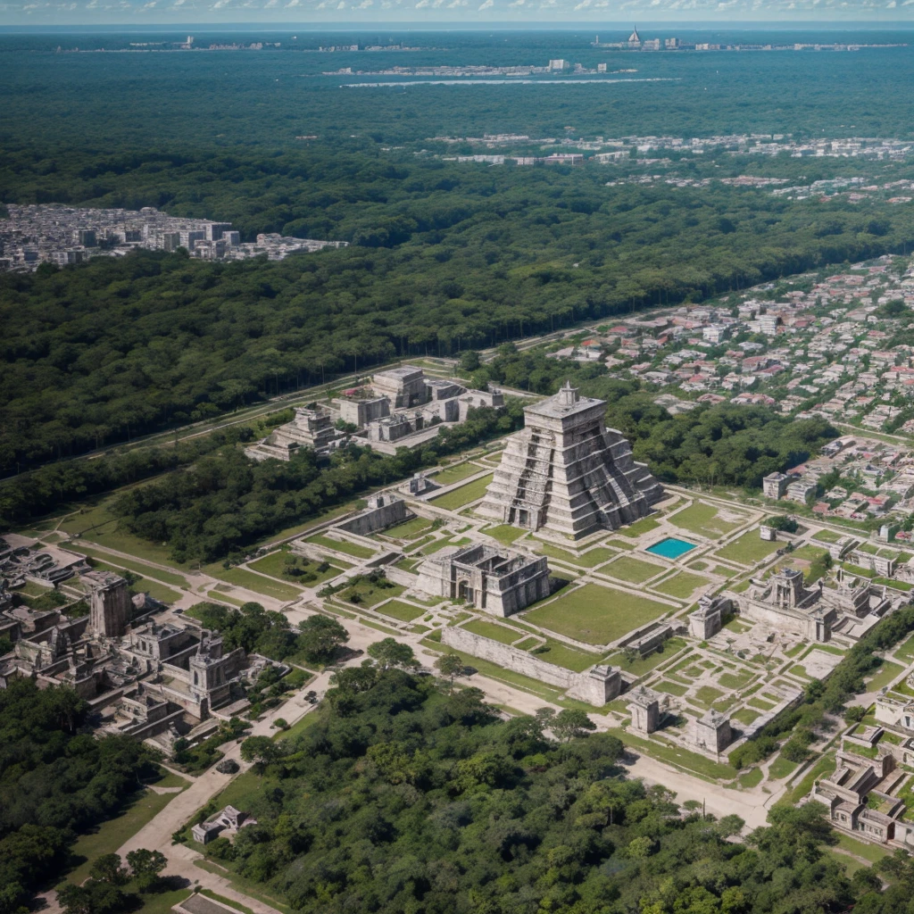 Aerial view of a Mayan city full of architecture from that time with aerial view.