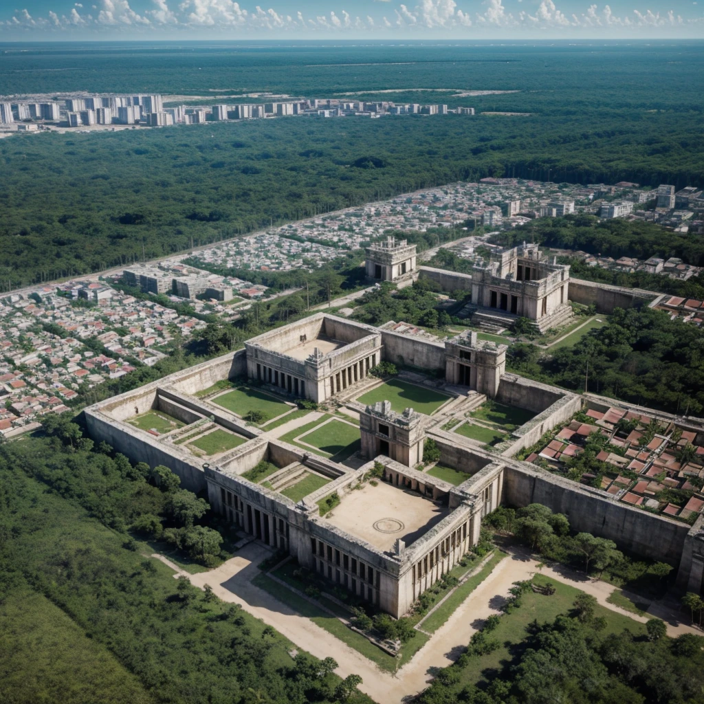 Aerial view of a Mayan city full of architecture from that time with aerial view.