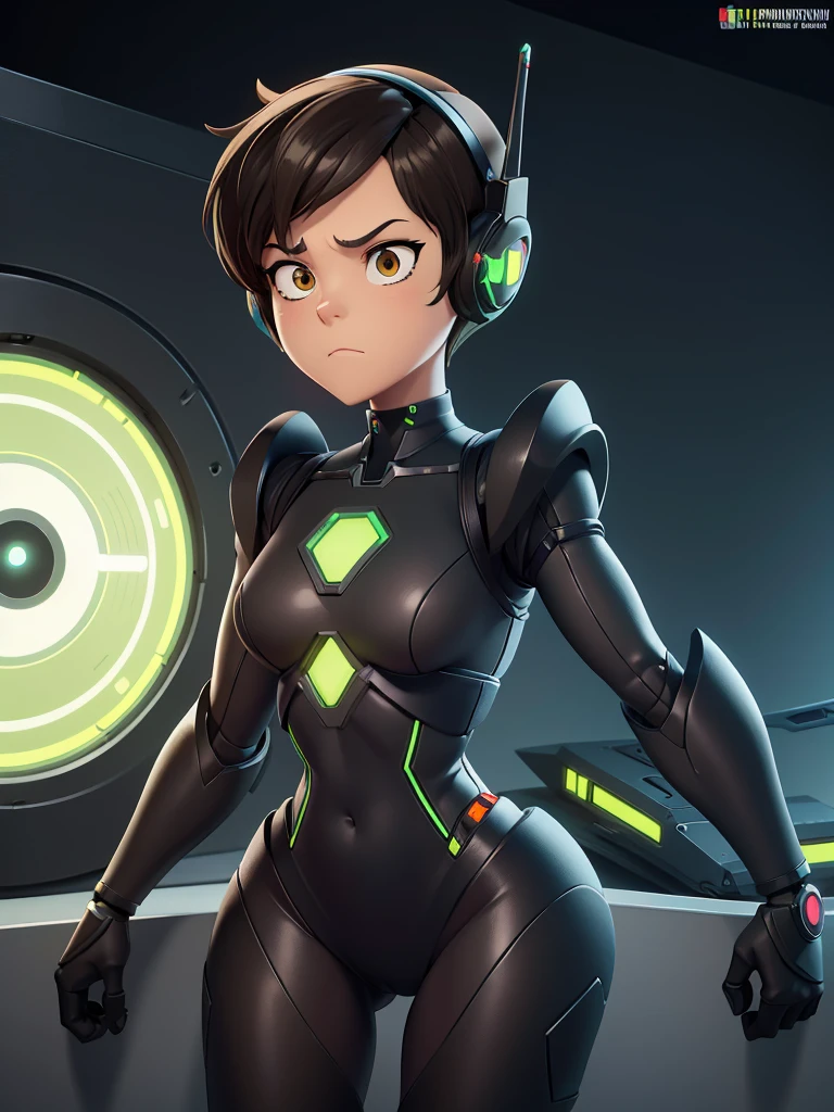 high quality, high resolution, high detail, cute, Lois Lane converted into borg drone, black robot armor, blank expression, hypnotized, robotized, black outfit, tomboy haircut, headphones, slim body, eyepatch, short hair, cables, cyborg, obedient, tan face, green and black outfit, background:borg ship, (perfect brown right eye)