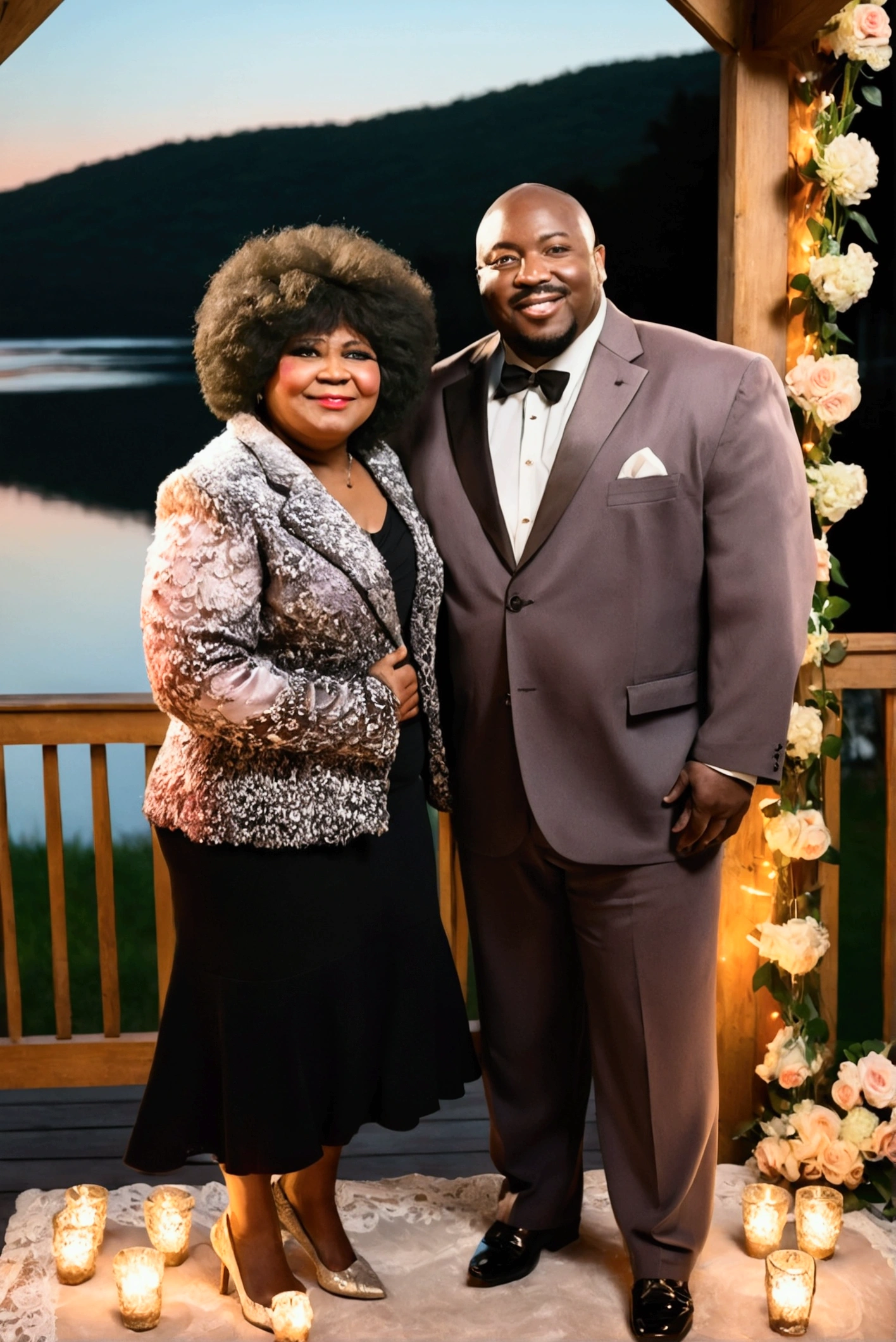 A Dark skin complexion African American man and a Brown skin complexion woman stand side by side, posing for a photo with smiles on their faces. The man is dressed in a suit and tie, while the woman wears a black dress with high heels . Both are well-dressed and appear to be celebrating their wedding anniversary day.
A romantic setting for a wedding anniversary celebration. A wooden table adorned with a delicate white lace tablecloth, crystal glasses reflecting the soft glow of candlelight, and a lovely centerpiece with a bouquet of red roses. In the background, golden sunset light streams in through a large window, casting a warm and inviting hue over everything.An enchanting romantic scene of a beautifully set outdoor table under a rustic wooden pergola adorned with fairy lights. The centerpiece is a lush bouquet of delicate flowers in pastel colors, with elegant crystal goblets and golden cutlery on both sides. In the backdrop, a stunning view of a serene lake at sunset where the sky is ablaze with hues of orange and pink. The warm glow adds a magical touch to the celebration.