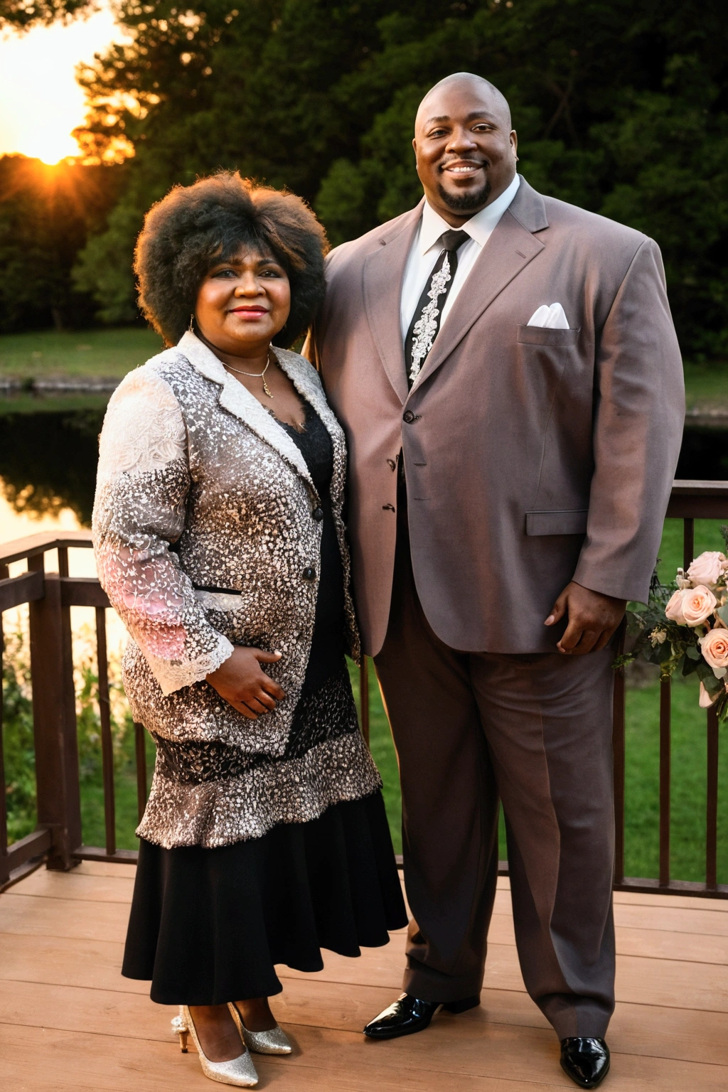 A Dark skin complexion African American man and a Brown skin complexion woman stand side by side, posing for a photo with smiles on their faces. The man is dressed in a suit and tie, while the woman wears a black dress with high heels . Both are well-dressed and appear to be celebrating their wedding anniversary day.
A romantic setting for a wedding anniversary celebration. A wooden table adorned with a delicate white lace tablecloth, crystal glasses reflecting the soft glow of candlelight, and a lovely centerpiece with a bouquet of red roses. In the background, golden sunset light streams in through a large window, casting a warm and inviting hue over everything.An enchanting romantic scene of a beautifully set outdoor table under a rustic wooden pergola adorned with fairy lights. The centerpiece is a lush bouquet of delicate flowers in pastel colors, with elegant crystal goblets and golden cutlery on both sides. In the backdrop, a stunning view of a serene lake at sunset where the sky is ablaze with hues of orange and pink. The warm glow adds a magical touch to the celebration.