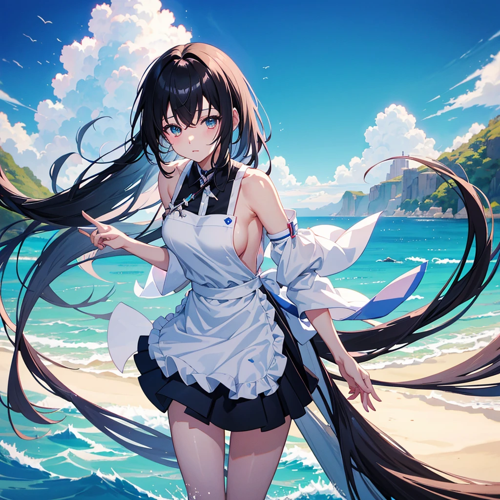 anime characters (Large target) Wearing white apron and black hair, azure line style, Fleet series styles, pixiv 3dcg, Achgau, Kushat Garland, Anime cute art style, From《Azur route》video game, Biomechanics OPPEIN, Top Ranked on Pixiv, best quality, 8K HD, Thigh clearance, Half naked