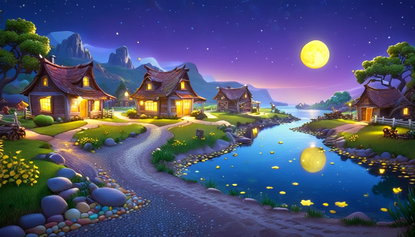 A beautiful calm and peaceful lagoon that reflects the brightness of the stars and moonlight, the stars and the moon have a yellow hue in a starry sky at the bottom of the lagoon cutting horizontally through the landscape we see a little road made of shiny pebbles that passes in front of the little house of a farm. disney pixar style