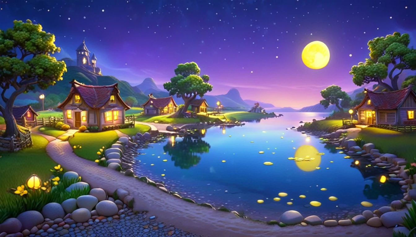 A beautiful calm and peaceful lagoon that reflects the brightness of the stars and moonlight, the stars and the moon have a yellow hue in a starry sky at the bottom of the lagoon cutting horizontally through the landscape we see a little road made of shiny pebbles that passes in front of the little house of a farm. disney pixar style