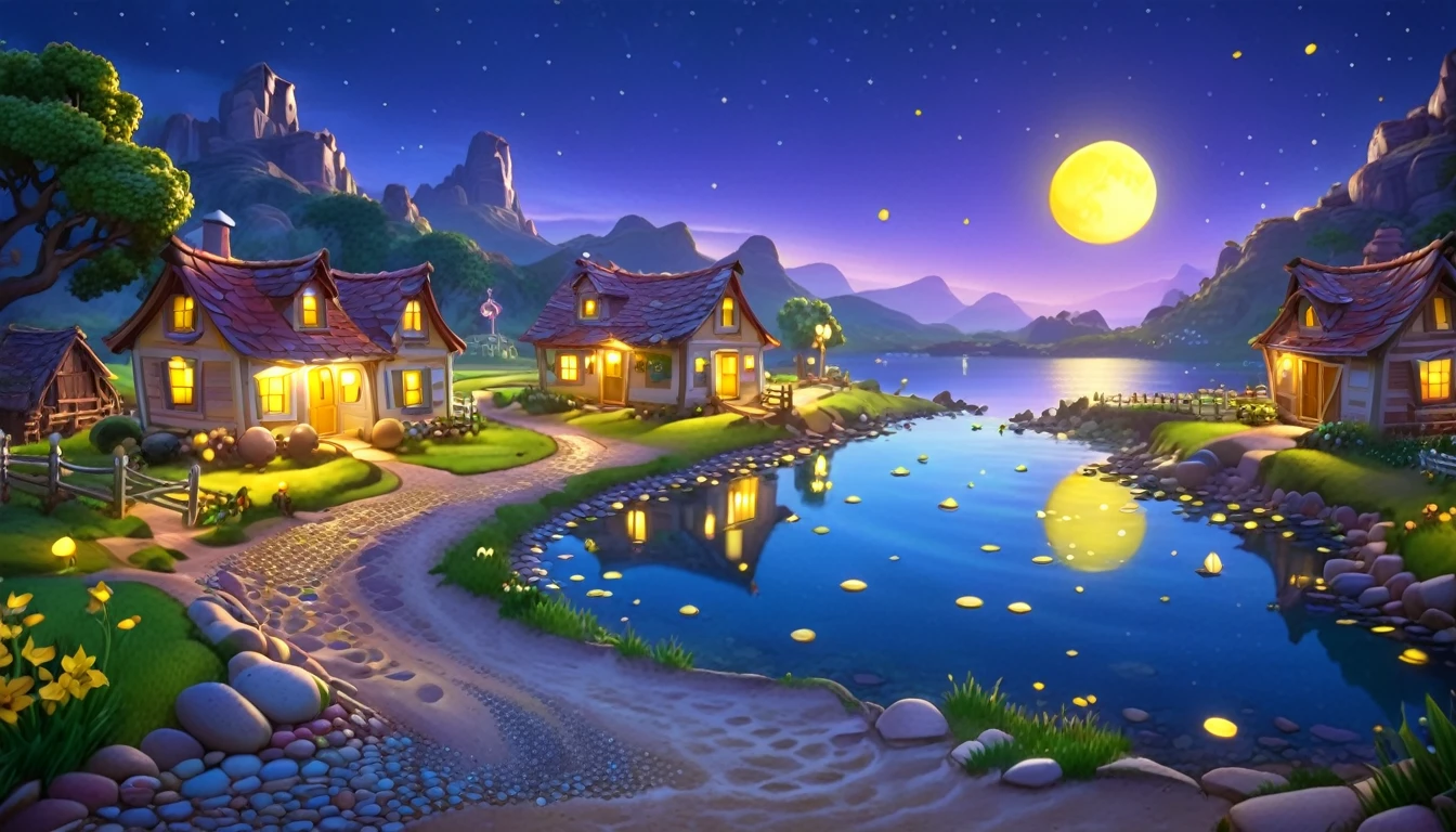 A beautiful calm and peaceful lagoon that reflects the brightness of the stars and moonlight, the stars and the moon have a yellow hue in a starry sky at the bottom of the lagoon cutting horizontally through the landscape we see a little road made of shiny pebbles that passes in front of the little house of a farm. disney pixar style