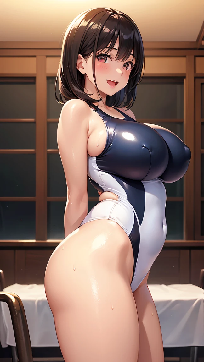 high resolution、Ultra HD、Best Quality、Top quality、Extremely detailed image quality、Realistic woman、A big smile、open mouth, (1girl:1.8)、(looking straight:1.8), Japanese、Peaceful face、45-year-old woman、Married Woman、Plump body、belly button、Black Hair、long、Shiny skin、Skin that is very shiny after applying oil、High gloss skin、Facing forward、The whole body is reflected、(studyingroom, desk, bed:1.3)、 standing、Woman wearing(one-piece swimsuit:1.5), (High leg swimsuit:1.2), High leg panties, (Bursting huge breasts、Valley、Shiny skin、radiant skin、Glowing Skin、High gloss skin:1.4)、(arms behind back:1.2),