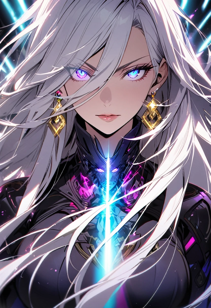 woman, blue eyes, long hair, white hair, mature, god eyes, diamond earings, two colors eyes, purple eyes,  glowing eyes. cool