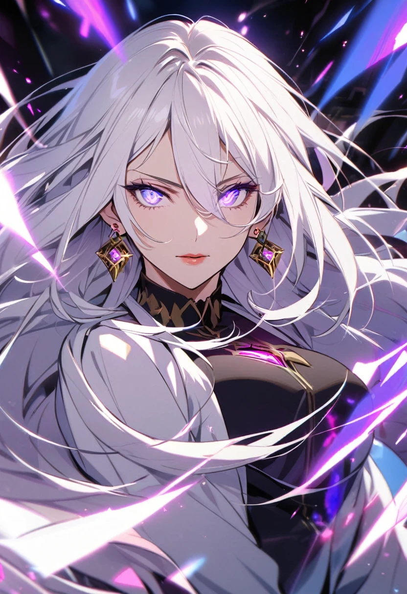 woman, blue eyes, long hair, white hair, mature, god eyes, diamond earings, two colors eyes, purple eyes, glowing eyes. cool