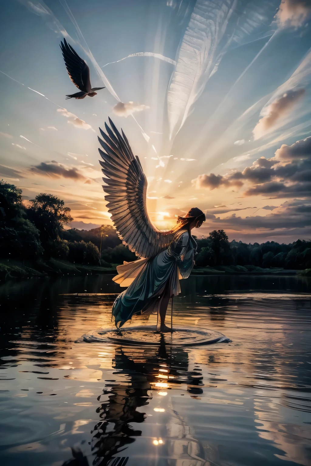 Create an image of a heavenly paradise featuring an angel. The scene depicts a serene landscape with lush green meadows, vibrant flowers in bloom, and crystal-clear streams gently flowing. In the center of this idyllic setting stands a majestic angel with wings spread wide, radiating a soft, ethereal light. The angel's presence brings a sense of peace and tranquility to the surroundings. Sunlight filters through fluffy clouds in the sky, casting a warm glow over the scene. This image captures the beauty and serenity of a heavenly realm, where the angel embodies grace and divine harmony