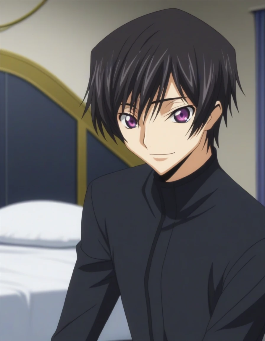 score_9, score_8_up, score_7_up, source_anime, rating_safe, intricate details, anime screencap, , , looking at viewer, depth of field, 1boy, solo, male focus, lelouch_lamperouge, black hair, purple eyes, bangs, smile, cute, black pajamas costume, castle, bed room, night.