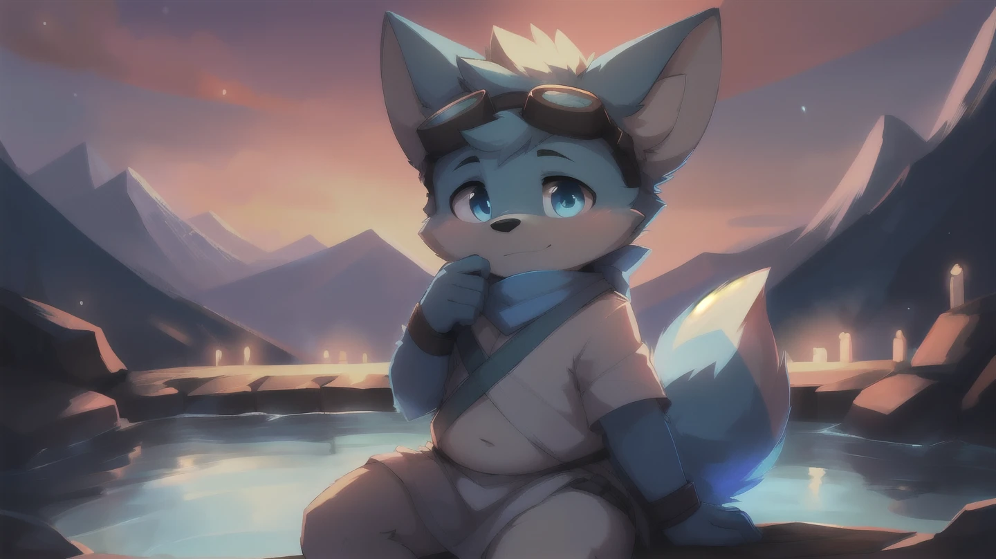 solo, handsome_furry, adult, male_dog, (child_shape:1.3), (blue body:1.5), seductive_face, blush_face, detailed_child_face, hips wide, unfolded_body, cute_dog_paws, fluffy_dog_tail, lively, lascivious, ready to explore sex world, long_blue_scarf, white_loincloth, goggles, big eyebrows, blue eyes, detailed eyes, (fat_waist:1.2), no_shirt, (no clothes:1.7), (no_underwear:1.5), (white baggy pants:0.7), sitting, mountain, (night:1.5), hot spring, candles_light,, art by pache_riggs