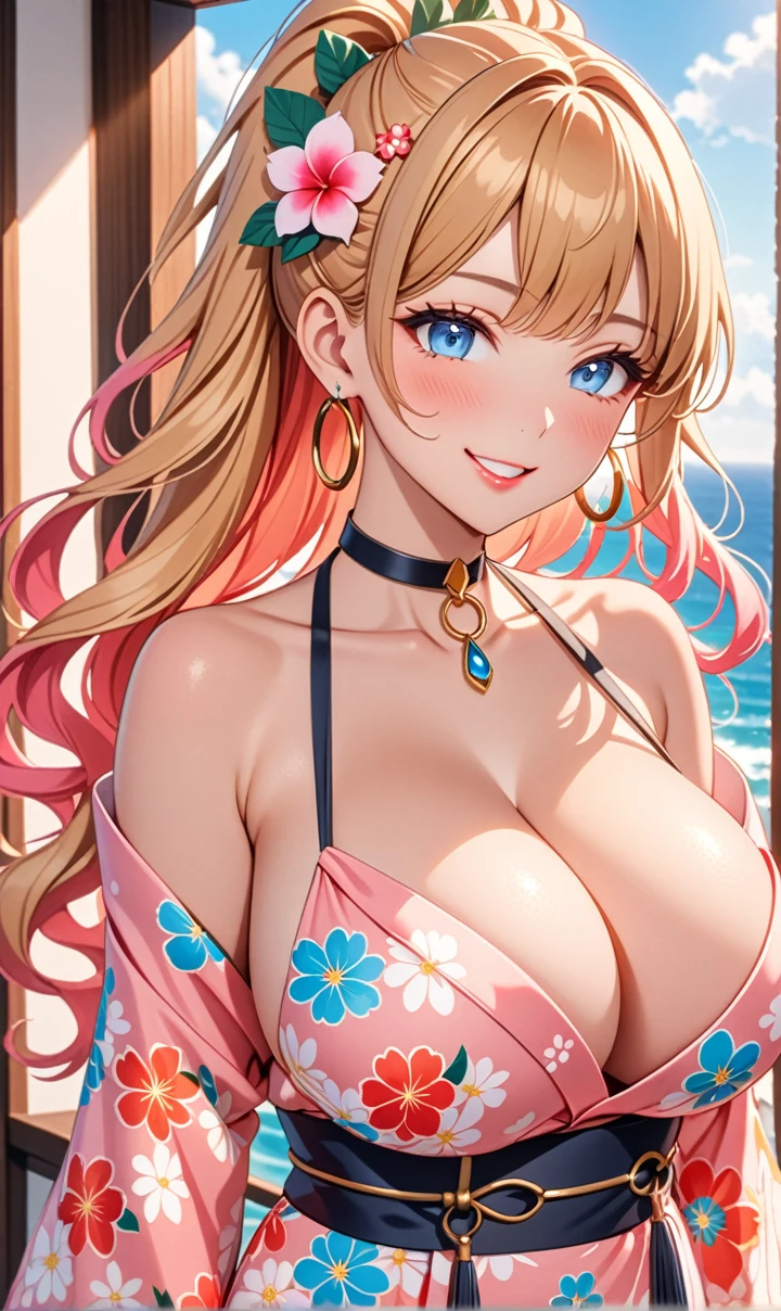 Very detailed, ((One personの女の子)), (Portraiture), (Sunburn:1.4), Pastel colored gal, (Heavy makeup), (Professional Lighting) Super detailed, Absurd, 8k, Beautiful Face, (Laugh shyly), ((Teasing Smile:1.6)), ((Smile:1.5)), ((Wink:1.6)), (Laugh with your mouth wide open),((Tilt your face:1.6)), View your audience, ((Bright red cheeks:1.6)),Glossy shocking pink lips, ((Huge breasts:1.6)), ((Take off)), noon, summer, Sea View Terrace, ((Anime style background)),masterpiece, Highest quality, (Brighten face), so beautiful,up to date, Complex details, ((Fluorescent pink long nails:1.2)), (ring),(bracelet), (Floral Choker),AI-generated, Complex,High resolution, Highest quality, super high quality,3D Images、3D Images,One person, ((Honey blonde long hair), (High Ponytail), (Wavy Hair:1.4), Anime woman posing for a photo, ((fine grain、blue eyes、Glowing Eyes:1.4)), (Squint your eyes:1.1),a hyperRealistic , hyperRealistic , Realistic,Anime woman with long honey blonde hair, Smooth anime CG art, A girl wearing a gorgeous kimono in pastel colors, ((Pastel-colored furisode)),(Pink large floral pattern), (Side bust), Long flower hair ornament,Large hoop earrings, Mature Body, expensive,Tight waist, Front view, ((Upper Body)),
