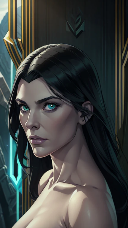 Hela from thor ragnarok, young face, black hair, detailed green eyes, thick dark eyeline, pale white skin, slim athletic body, natural breasts, highres, 8k, extreme details, beautiful detailed eyes, beautiful detailed lips, detailed nose, cinematic lighting, Asgard throne room in background, looking at the viewer