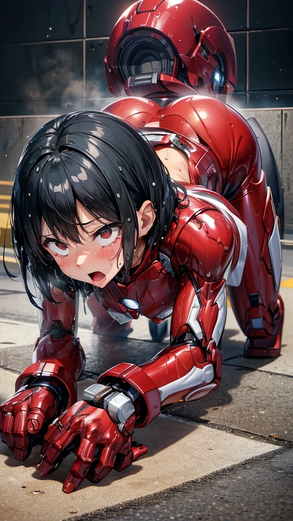 Highest quality　8k Iron Man Suit Girl　Elementary school girl　Sweaty face　cute　short hair　boyish　Steam coming from the head　My hair is wet with sweat　Black Hair　From below,Butt focus, ,)),((Wet pussy:1.2)),(bare hands),Crying face,((From behind:1.2)),((Butt)),((On all fours:1.2)),(Buttを高く上げましょう:1.2)、Buttを広げる