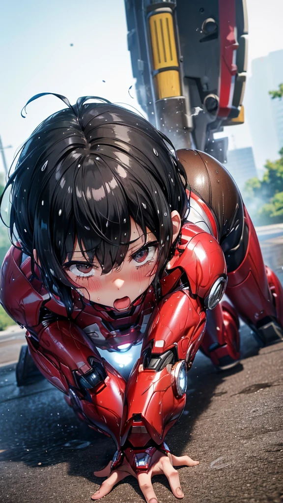 Highest quality　8k Iron Man Suit Girl　Elementary school girl　Sweaty face　cute　short hair　boyish　Steam coming from the head　My hair is wet with sweat　Black Hair　From below,Butt focus, ,)),((Wet pussy:1.2)),(bare hands),Crying face,((From behind:1.2)),((Butt)),((On all fours:1.2)),(Buttを高く上げましょう:1.2)、Buttを広げる