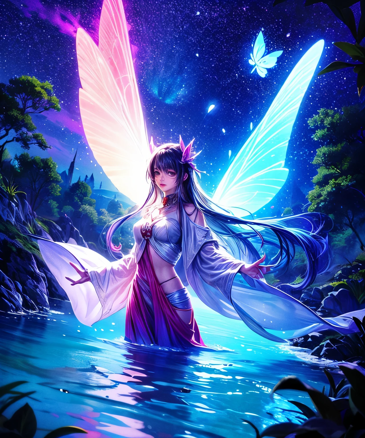 Cute Girl Characters、green々It depicts a slender butterfly flying over the water., Gaze at the stars. Surrounded by colorful nebulae and colorful forests.