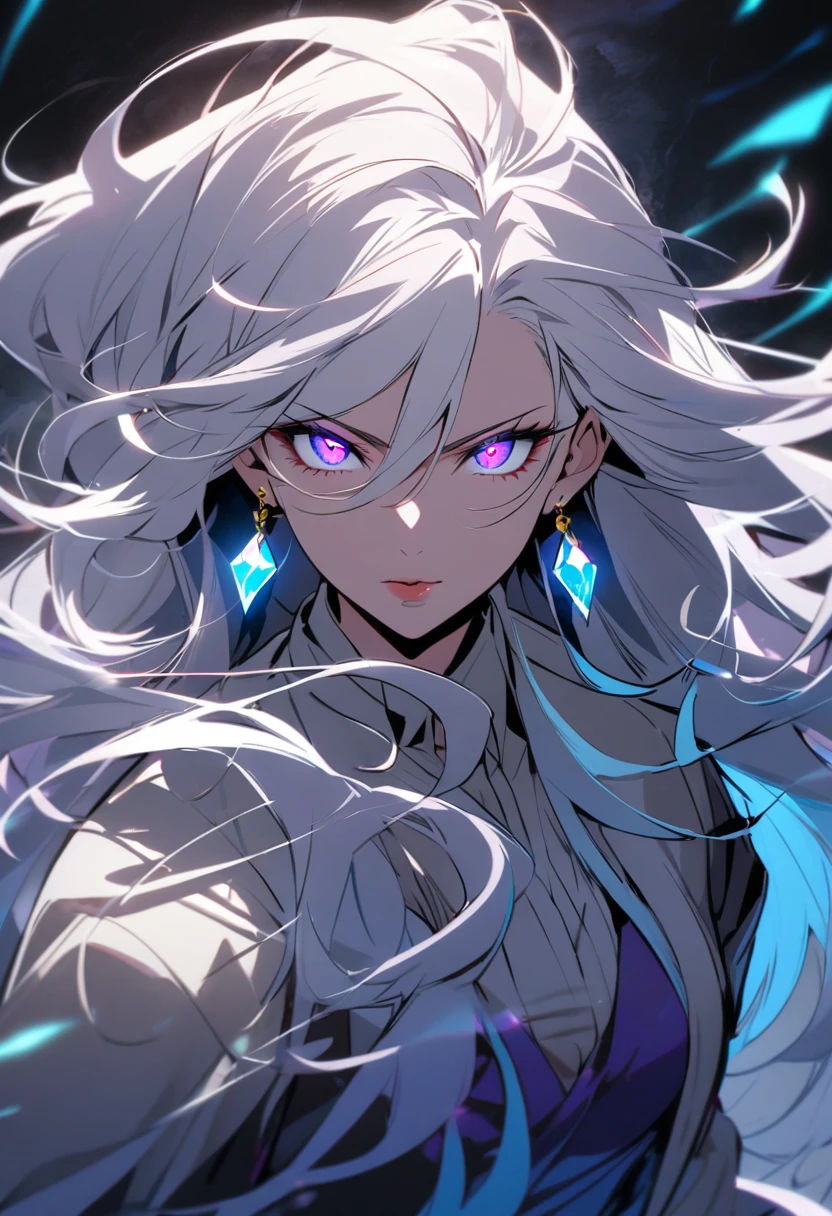 woman, blue eyes, long hair, white hair, mature, god eyes, diamond earings, two colors eyes, purple eyes,  glowing eyes. cool