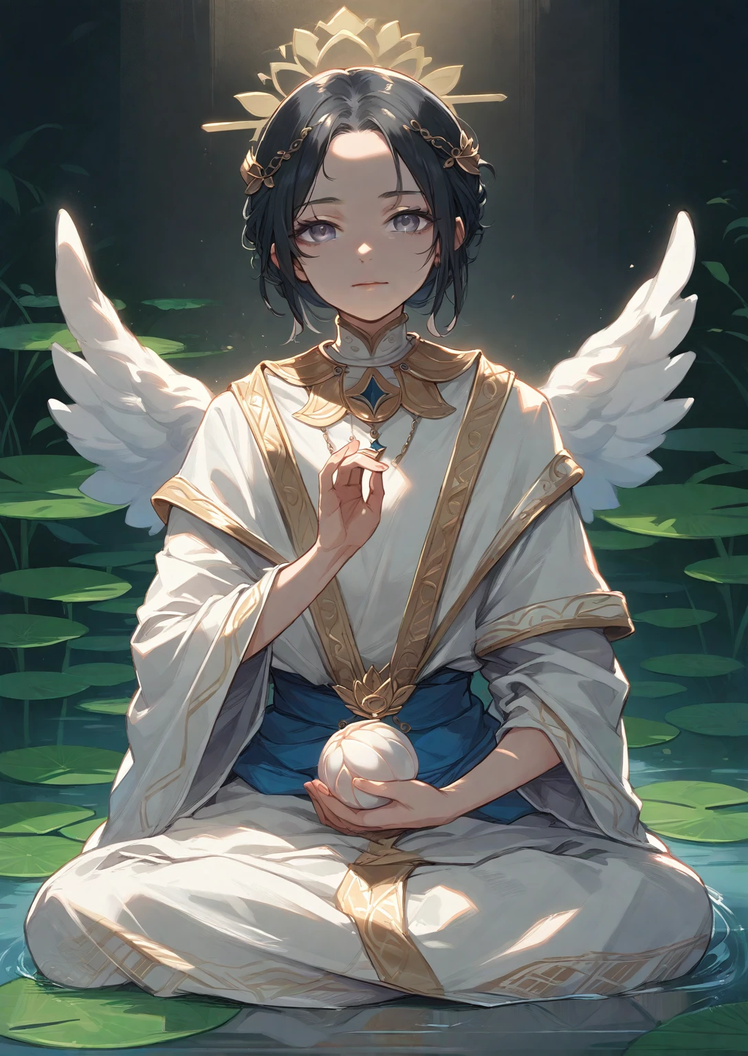 Painting of an angel sitting in a lotus position., Goddess of love and peace, bodhisattva, , queen , meditate , Gray eyes ,black hair , holding a round ball