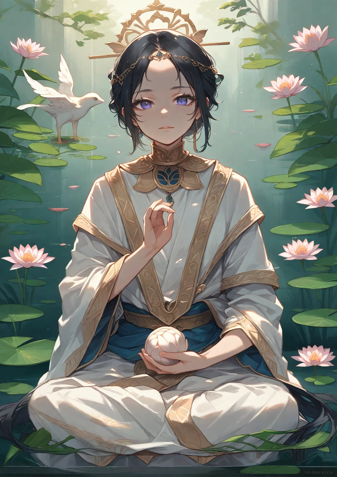 Painting of an angel sitting in a lotus position., Goddess of love and peace, bodhisattva, , queen , meditate , Gray eyes ,black hair , holding a round ball
