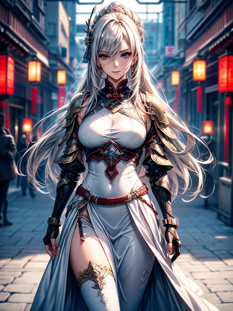((Ultra-delicate)), (Be focused), (high resolution), Deformed depth of field blurred background, (Detailed background), Perfect layer cut, (full-body shot/Cowboy shooting), wallpaper, One, Lovely beauty, alone, Silver hair with gradient stripes and blue tail, Light blue eyes, thin eyebrows, long upper eyelashes, Double eyelids, Upper Eye, delicate eyes, Sexy lips, lip details, complicated, Female General, Oversized Combat Knife, silver and red, Gorgeous full body armor, Combat boots, of the Tang Dynasty, Chang'an Avenue, Chinese style, CG unity, 8k