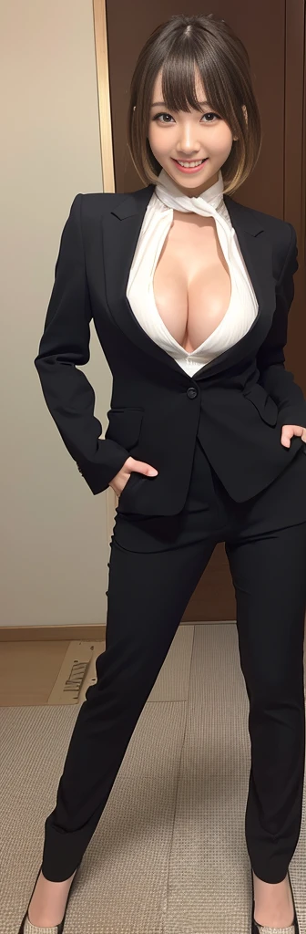 (Best Quality, Masterpiece, Photo realistic, Ultra Detailed, ultra high res, raw), (1girl), pretty, Japanese, smile, bangs, (suit jacket, skinny pants:1.3), (gigantic breasts, cleavage), (naked:1.2), (long hair| medium hair| short hair), (LowriseXL, LowwaistXL, groin:1.3), (high heels, beautiful long legs, full body), office room, navel, necklace, amaukisumi