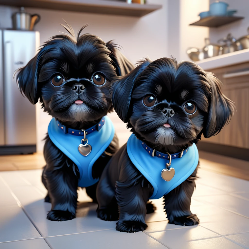 2 adorable small black shih tzu puppies wearing blue collars playing, making a mess, disney kitchen, 3d cartoon, 3d render, disney pixar style, best quality, 4k, 8k, highres, masterpiece:1.2, ultra-detailed, realistic, photorealistic, photo-realistic:1.37, HDR, UHD, studio lighting, ultra-fine painting, sharp focus, physically-based rendering, extreme detail description, professional, vivid colors, bokeh
