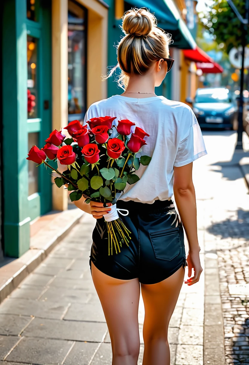 Rear view of a person walking down the street holding a bouquet of red roses, Detailed description of a young and beautiful woman, Happy expression of beautiful 20 year old young woman with pale skin, Her blonde hair is tied up in a messy bun, (casual wear: 1.1), white t shirt, casual black shorts, sunglass on head. , Flowers on the background, store, outdoor, sunny day, (best quality, 4K,8k, high resolution, masterpiece:1.2), very detailed,(realistic, photorealistic, photorealistic:1.37),HDR,uhd, studio lighting, Ultra Fine Painting, sharp focus, Physically Based Rendering, high detail, professional, vivid colors, bokeh, portrait