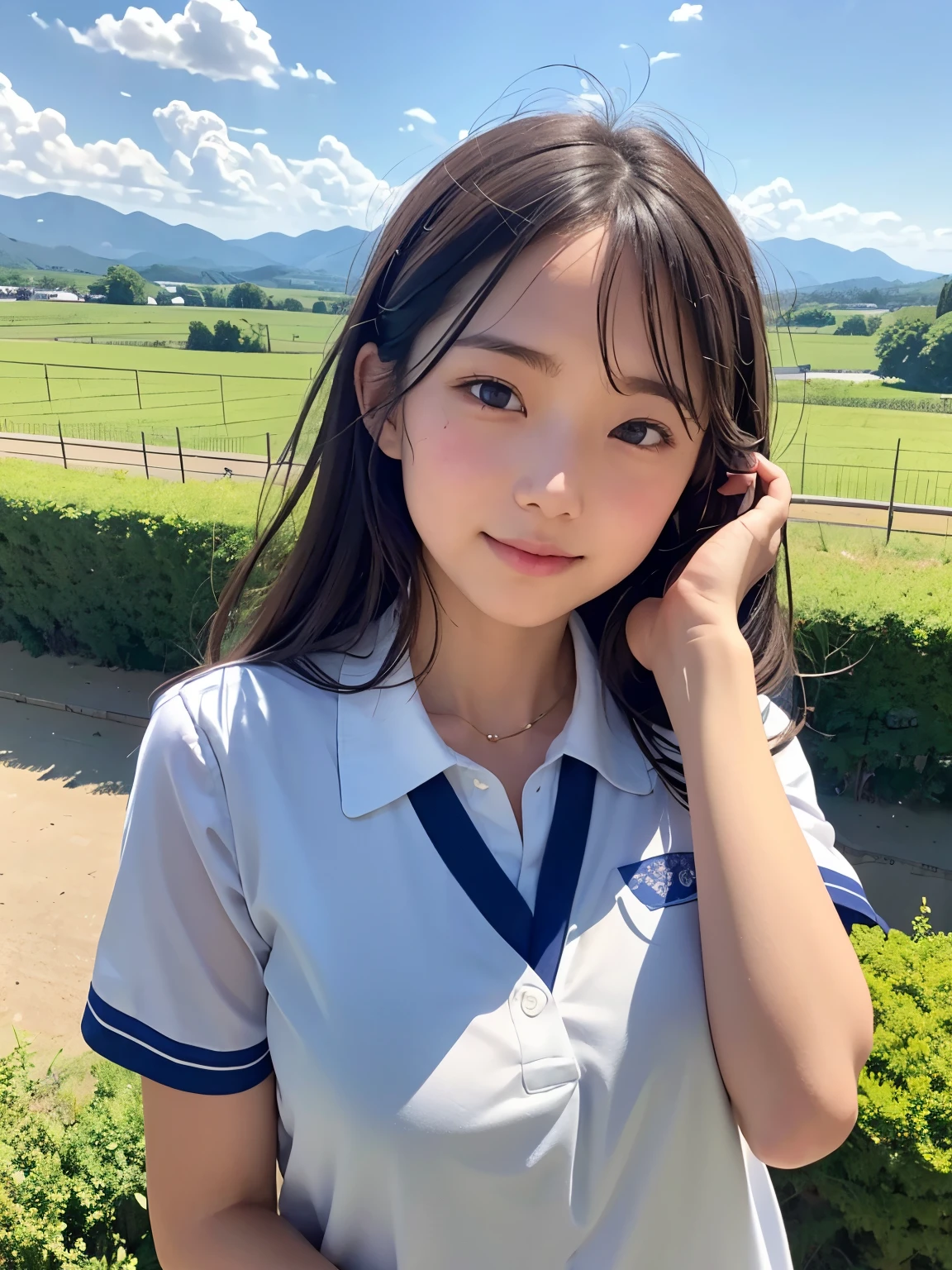 "A countryside school scene under a clear summer sky with a girl in a summer uniform on the rooftop gazing at the horizon. The background features expansive fields and mountains, with lush greenery in the schoolyard and a distant river. Gentle sunlight and a pleasant breeze complete the serene atmosphere."