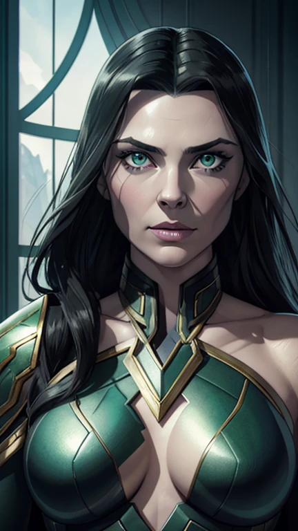 Hela from thor ragnarok, young face, black hair, detailed green eyes, thick dark eyeline, pale white skin, slim athletic body, natural breasts, highres, 8k, extreme details, beautiful detailed eyes, beautiful detailed lips, detailed nose, cinematic lighting, Asgard throne room in background, looking at the viewer